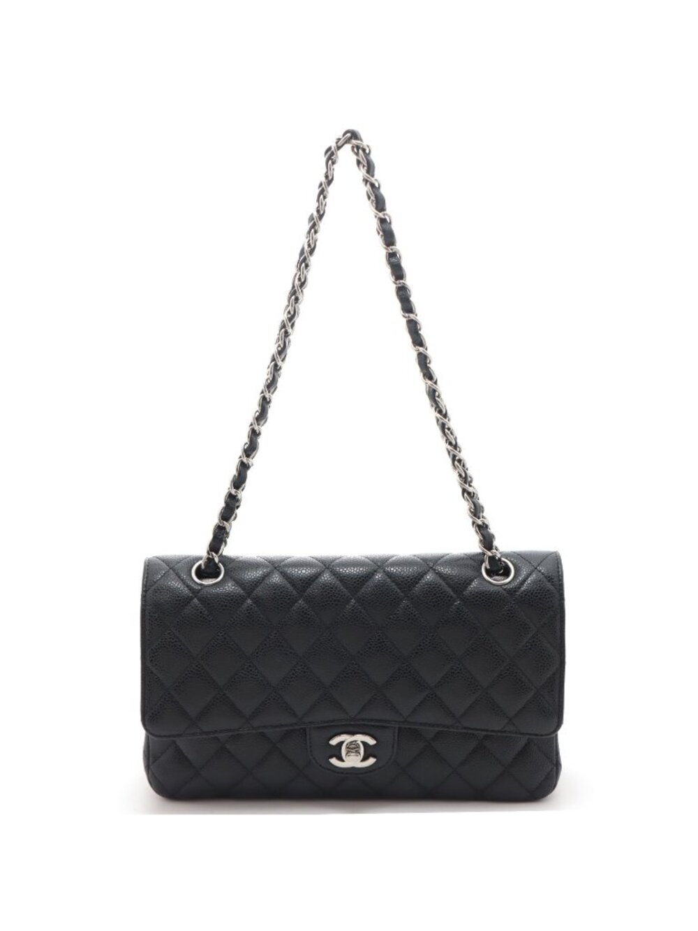 Chanel Quilted Double Flap 25 Chain Shoulder Bag Black Silver Caviar